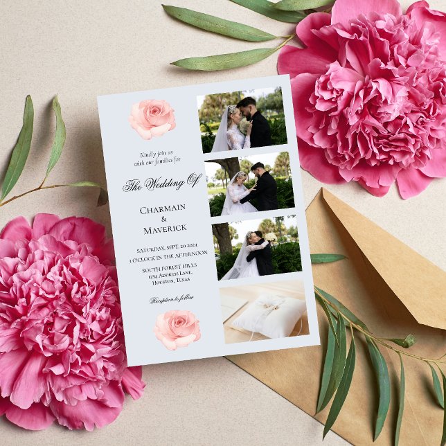 Invitación Elegancia Rosa Rosa y Collage 4 Boda de fotos (Subido por el creador)