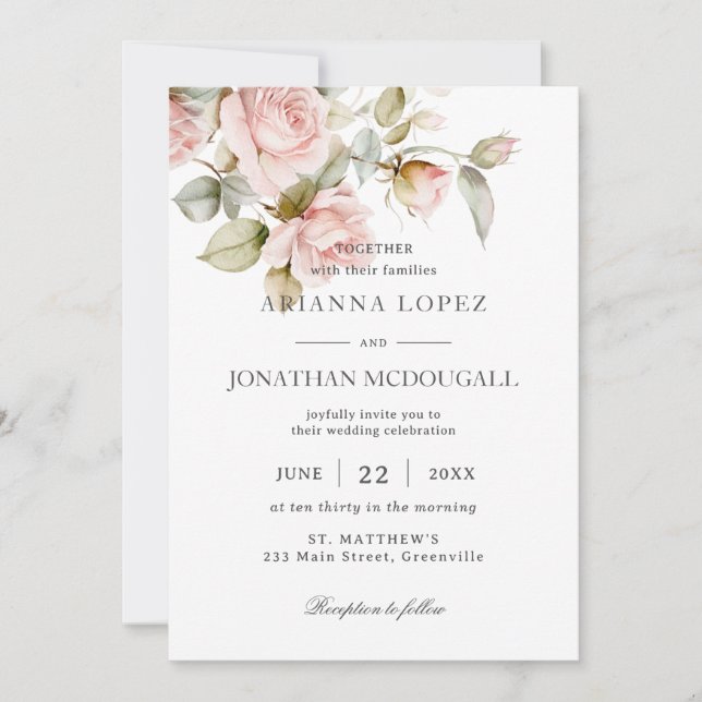 Invitación Elegancia rústica Boda floral rosa pálido (Anverso)