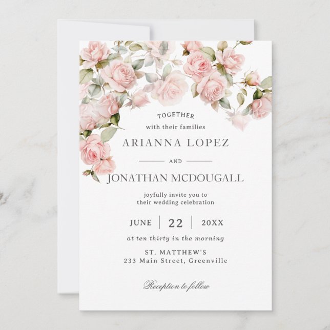 Invitación Elegancia rústica Boda floral Rubor Roses rosados (Anverso)