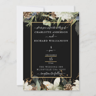 Invitación Elegancia rústica, borde de pinecona en negro