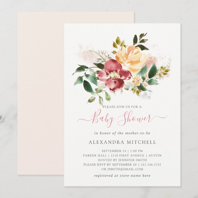 Invitación Elegancia rústica el | Baby Shower floral (Anverso / Reverso)