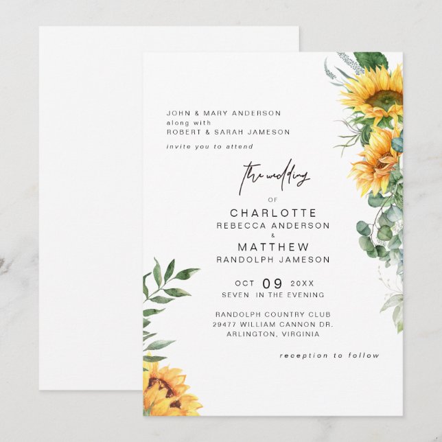 Invitación Elegancia rústica girasoles en Boda en flor (Anverso / Reverso)