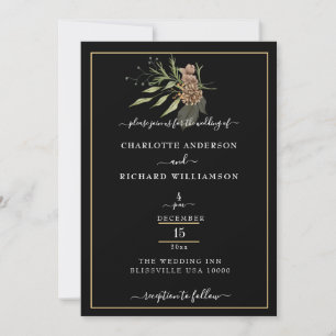 Invitación Elegancia rústica, pinecone y vegetación en negro