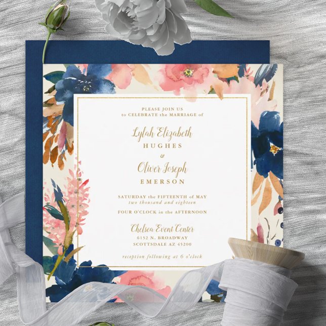 Invitación Elegancia salvaje | Naval Rubor y Boda Gold Square (Subido por el creador)