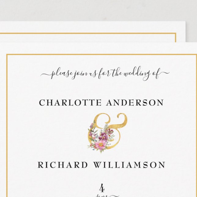 Invitación Elegancia simple, Ampersand de oro con flores (Subido por el creador)
