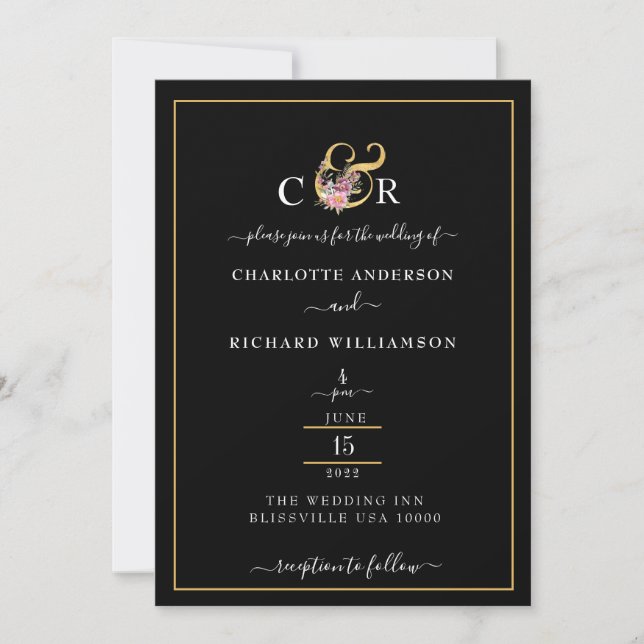 Invitación Elegancia simple, Ampersand de oro en negro (Anverso)