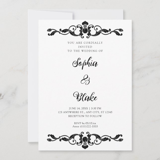 Invitación Elegancia simple Boda de Art Deco negro y blanco (Anverso)