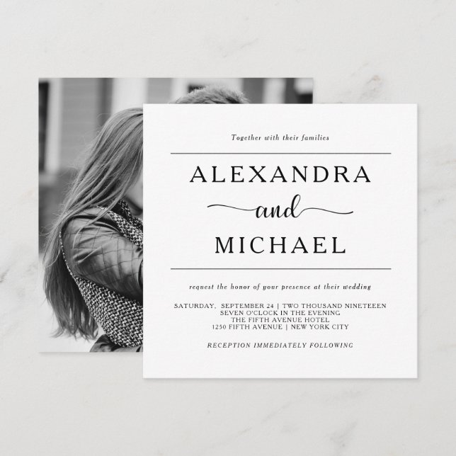 Invitación Elegancia simple | Boda de fotografías en blanco y (Anverso / Reverso)