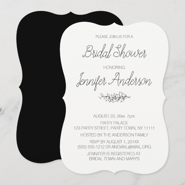 Invitación Elegancia simple ducha de novia blanca negra (Anverso / Reverso)