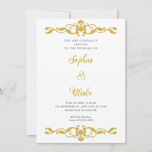Invitación Elegancia simple oro y Boda Art Deco Blanco (Anverso)