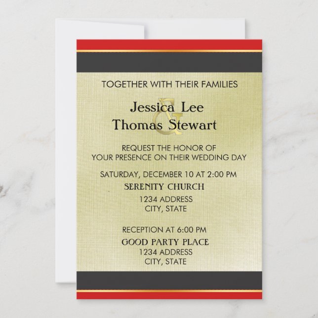 Invitación Elegancia simple roja, negra y dorada (Anverso)