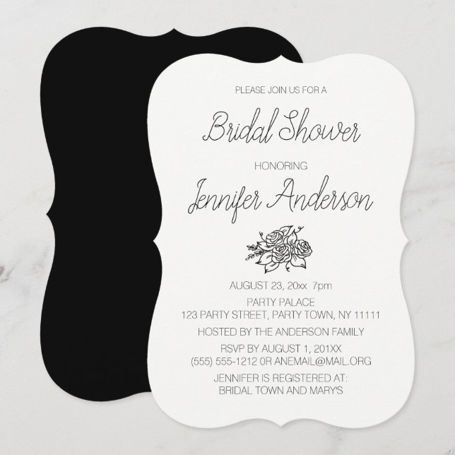 Invitación Elegancia simple Rosa blanco negro ducha de novia (Anverso / Reverso)