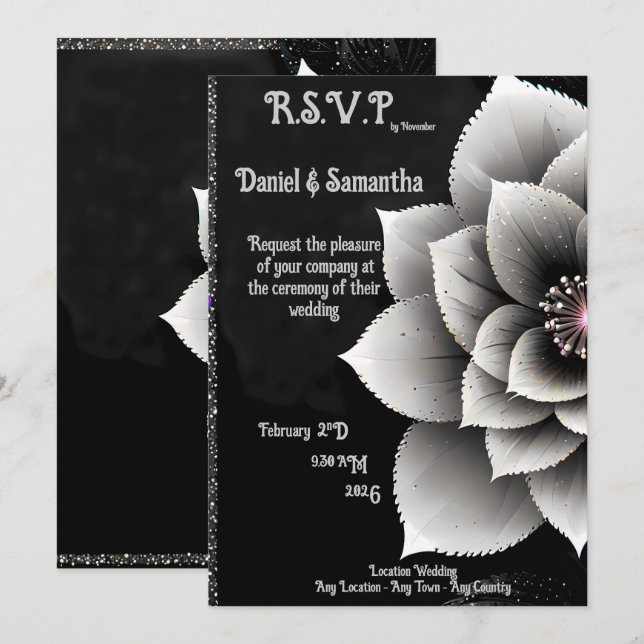 Invitación Elegancia sin tiempo: Boda negro y plateado de flo (Anverso / Reverso)