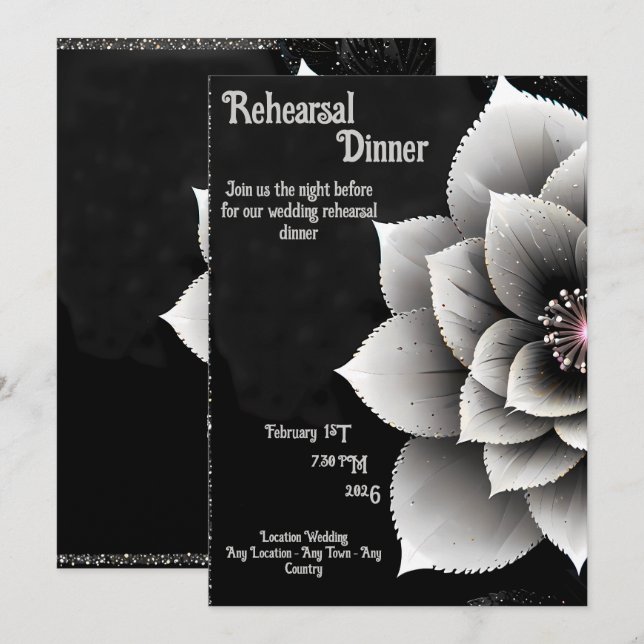 Invitación Elegancia sin tiempo: Boda negro y plateado de flo (Anverso / Reverso)