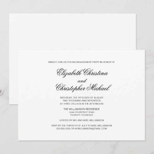 Invitación Elegancia tradicional Compromiso negro y blanco (Anverso / Reverso)