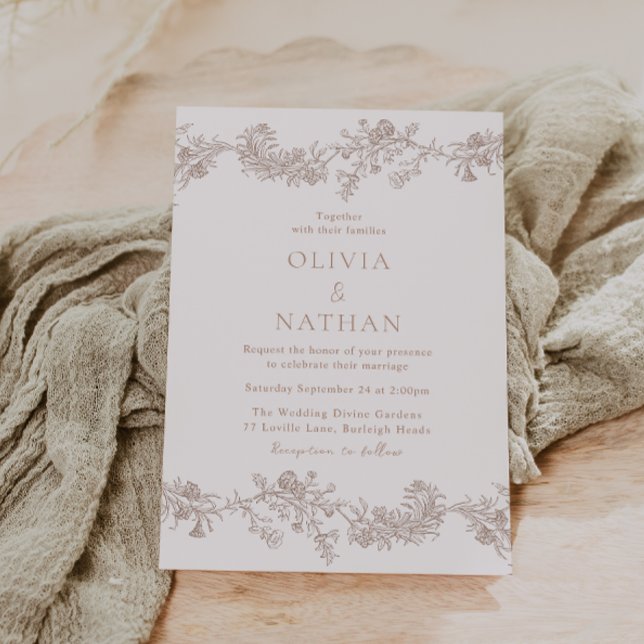 Invitación Elegancia vintage: Boda floral neutro clásico (Subido por el creador)