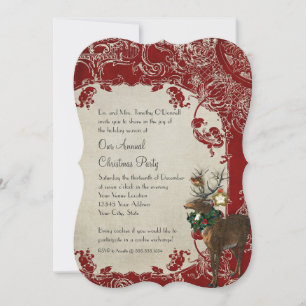 Invitación Elegancia Vintage Ciervo de Navidad Astas Damask