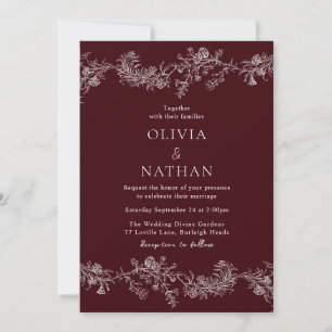 Invitación Elegancia Vintage Floral Bodas Burgundy Profundo