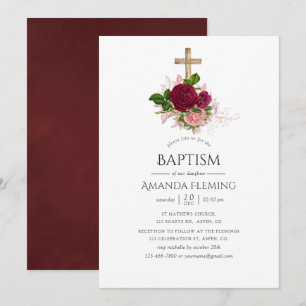 Invitación Elegancia Vintage Rosa y Borgoña Bautizo