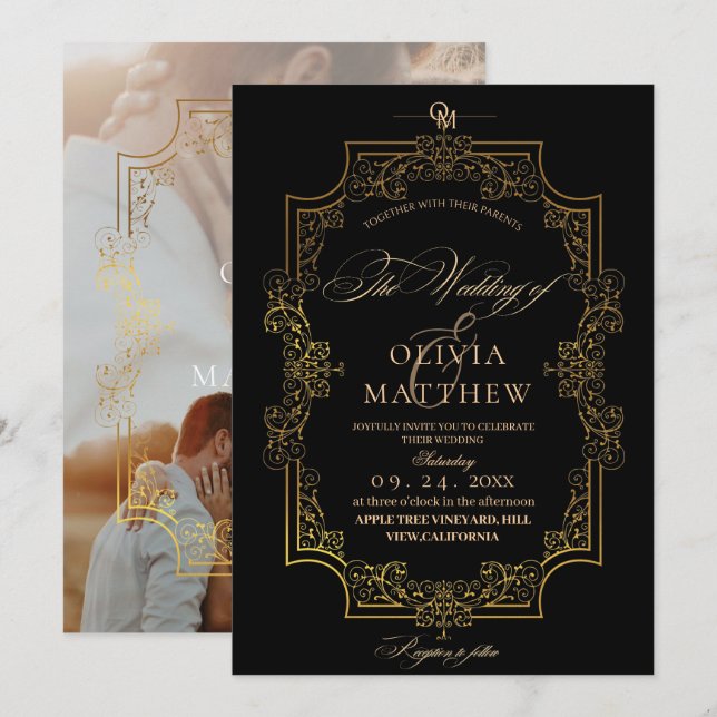Invitación Elegancia y Boda Real de Fotografías en Negro y Or (Anverso / Reverso)