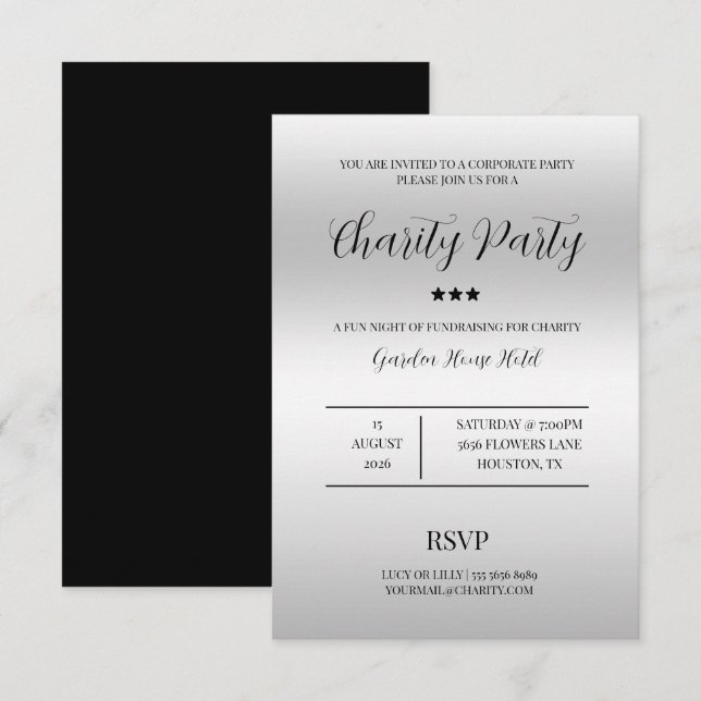 Invitación Elegancia y Clase Fiesta de Beneficencia de Plata (Anverso / Reverso)