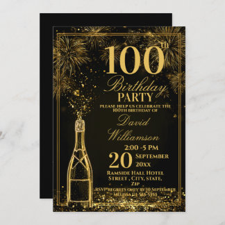 Invitación Elegant 100th Birthday Gold Bottle Fizz