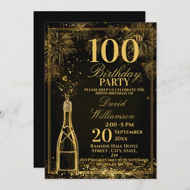 Invitación Elegant 100th Birthday Gold Bottle Fizz (Anverso / Reverso)