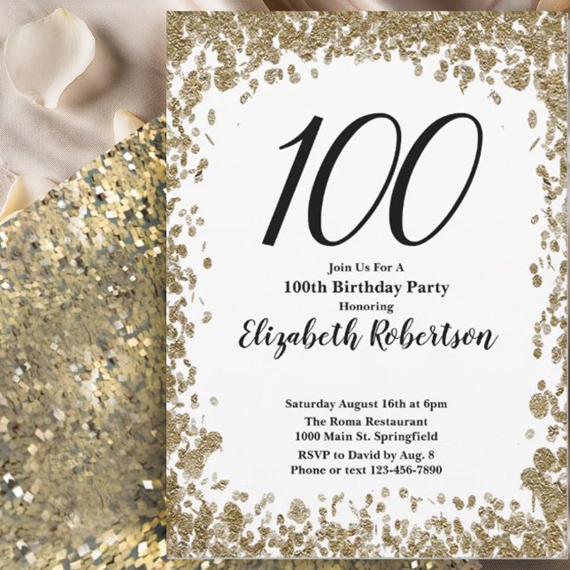 Invitación Elegant 100th Birthday Invitation For Her in Gold (Subido por el creador)