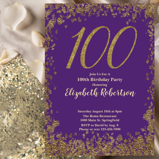 Invitación Elegant 100th Purple Birthday Invitation Gold  (Subido por el creador)