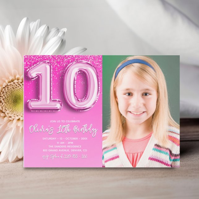 Invitación Elegant 10th Birthday girl with photo Numer Ballon (Subido por el creador)
