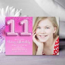 Invitación Elegant 11th Birthday girl with photo Numer Ballon