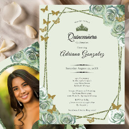 Invitación Elegant 15th birthday sage green gold Quinceanera
