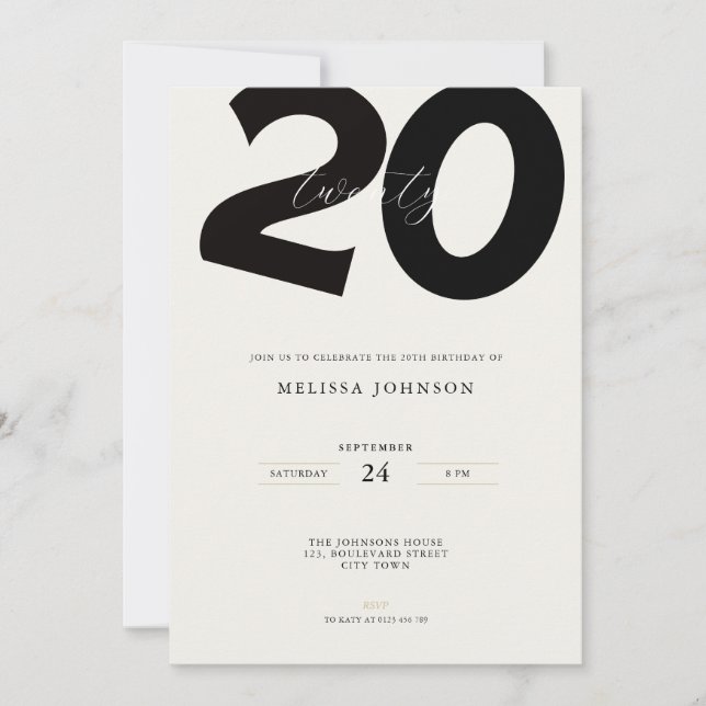 Invitación Elegant 20th Birthday Invitation - Minimal Style (Anverso)