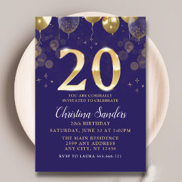 Invitación Elegant 20th Birthday Invitation with Gold Ballons