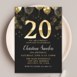 Invitación Elegant 20th Birthday Invitation with Gold Ballons