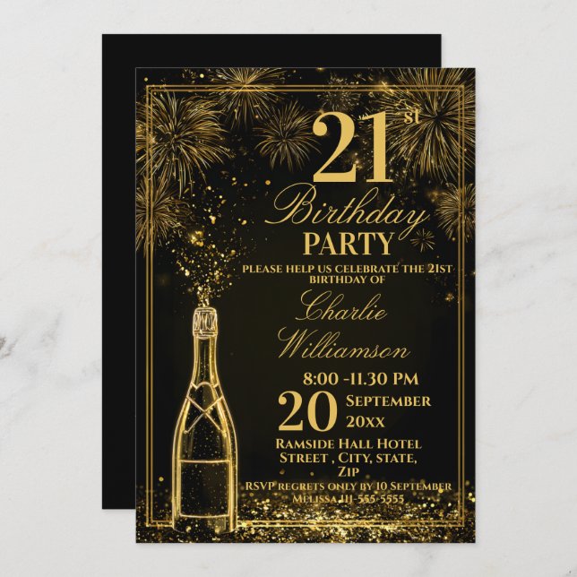 Invitación Elegant 21st Birthday Gold Bottle Fizz (Anverso / Reverso)
