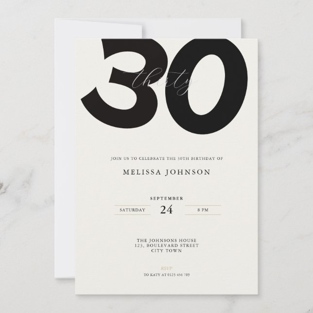 Invitación Elegant 30th Birthday Invitation - Minimal Style (Anverso)
