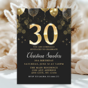 Invitación Elegant 30th Birthday Invitation with Gold Ballons