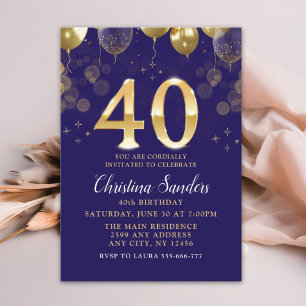 Invitación Elegant 40th Birthday Invitation with Gold Ballons