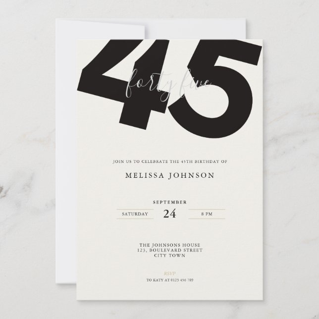 Invitación Elegant 45th Birthday Invitation - Minimal Style (Anverso)