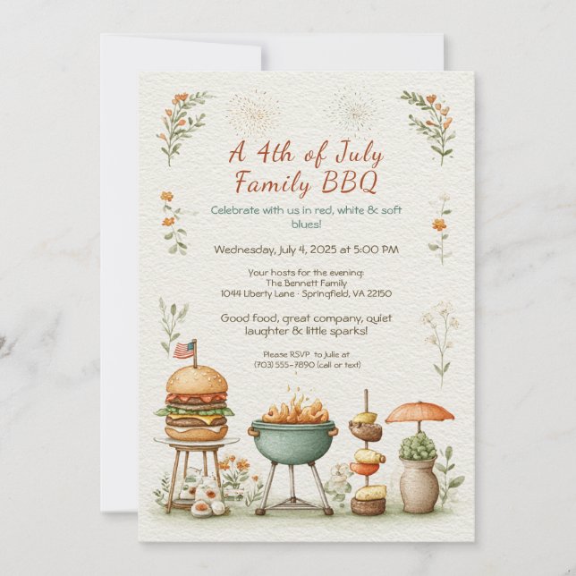 Invitación Elegant 4th of July BBQ Invitation – Soft Line Art (Anverso)