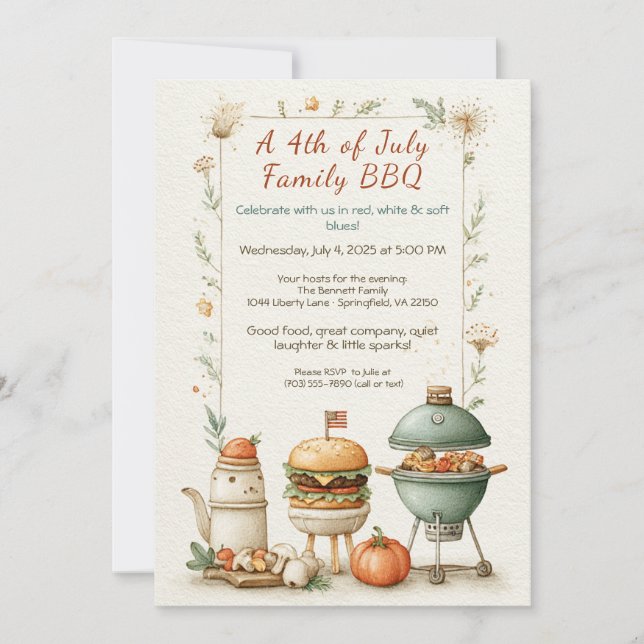 Invitación Elegant 4th of July BBQ Invitation – Soft Line Art (Anverso)