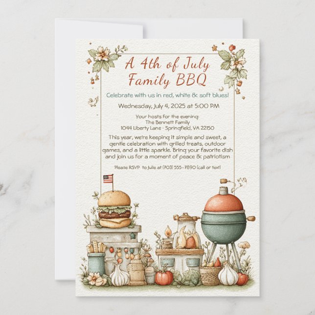 Invitación Elegant 4th of July BBQ Invitation – Soft Line Art (Anverso)