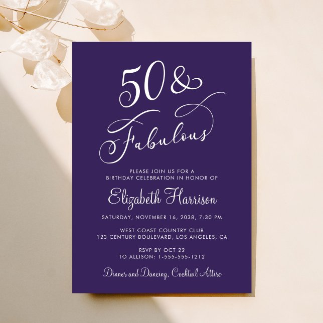 Invitación Elegant 50 And Fabulous Purple 50th Birthday Party (Subido por el creador)