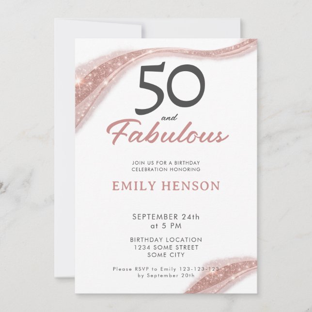Invitación Elegant 50 and Fabulous Rose Gold Birthday (Anverso)