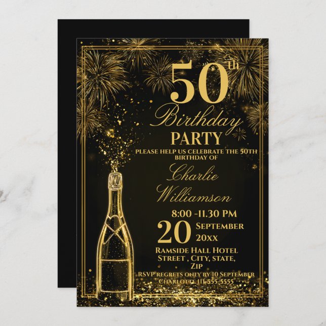 Invitación Elegant 50th Birthday Gold Bottle Fizz (Anverso / Reverso)