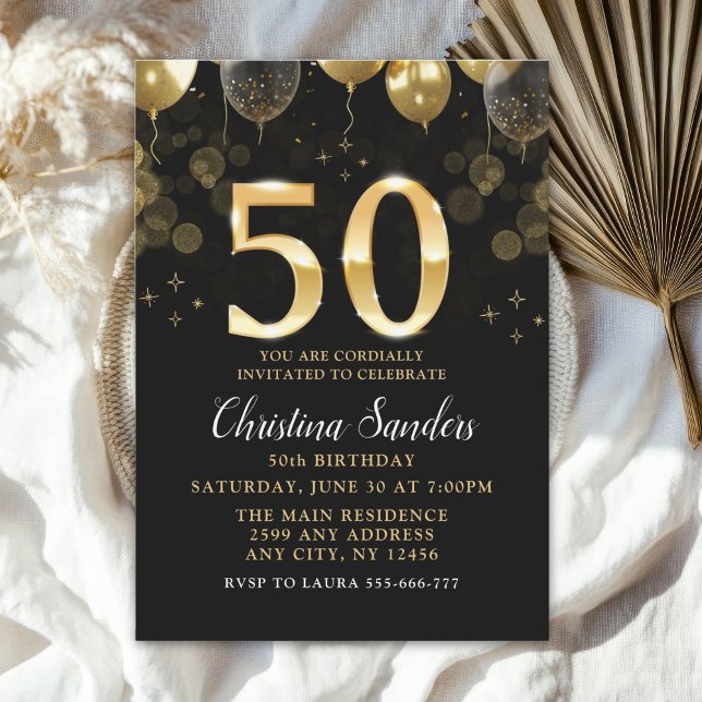 Invitación Elegant 50th Birthday Invitation with Gold Ballons (Subido por el creador)