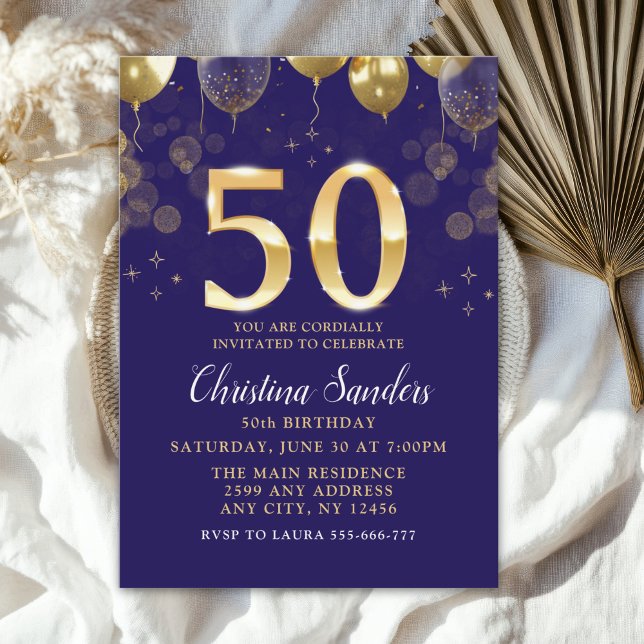 Invitación Elegant 50th Birthday Invitation with Gold Ballons (Subido por el creador)