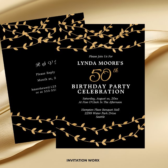 Invitación Elegant 50th Birthday Party Gold Leaves on Black (Elegant 50th Birthday Party Gold Leaves on Black Invitation)