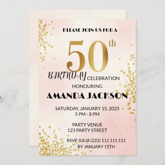 Invitación Elegant 50th Birthday Party Invitation Gold & Pink (Anverso / Reverso)